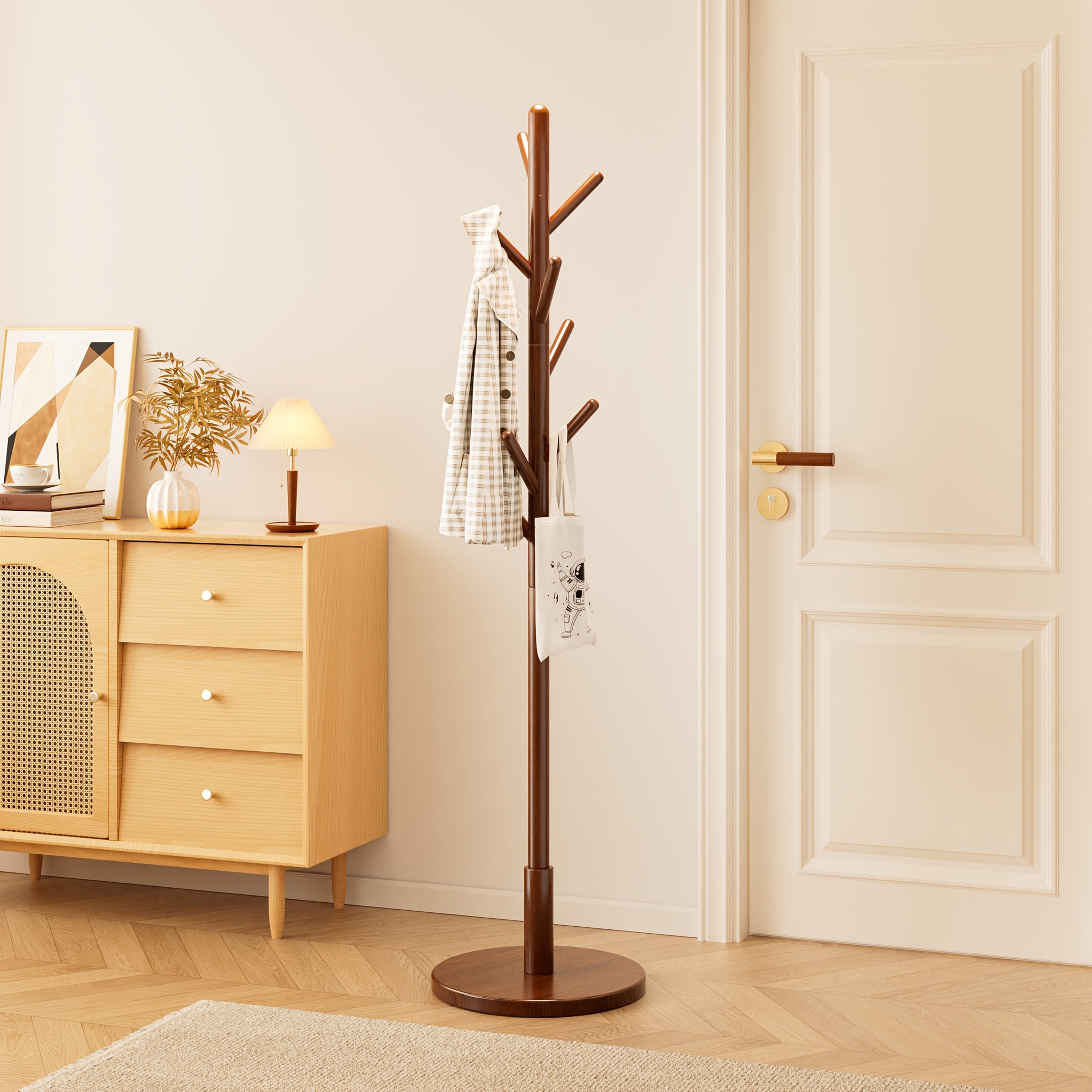 A Single Pole Coat Rack with a Hook, Designed in a Nordic Minimalist Style, Suitable for Bedrooms. This Sturdy Home Coat Rack Can Hold Clothes, Hats, Bags, And Scarves, Making It Ideal for Hallways And Living Rooms Without The Need for Drilling.