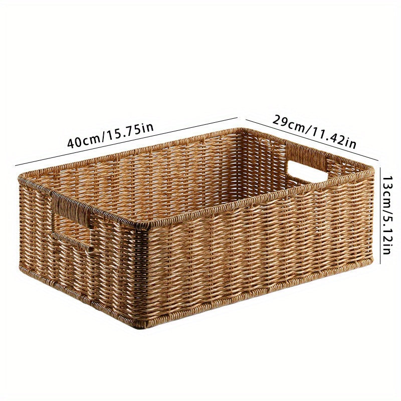 Rustic Storage Basket 1pc Handmade Plastic Woven Storage Basket with Dual Handles | Versatile Desktop Organizer for Living Room, Bedroom, or Coffee Table - Rustic Charm, Decorative Storage Basket