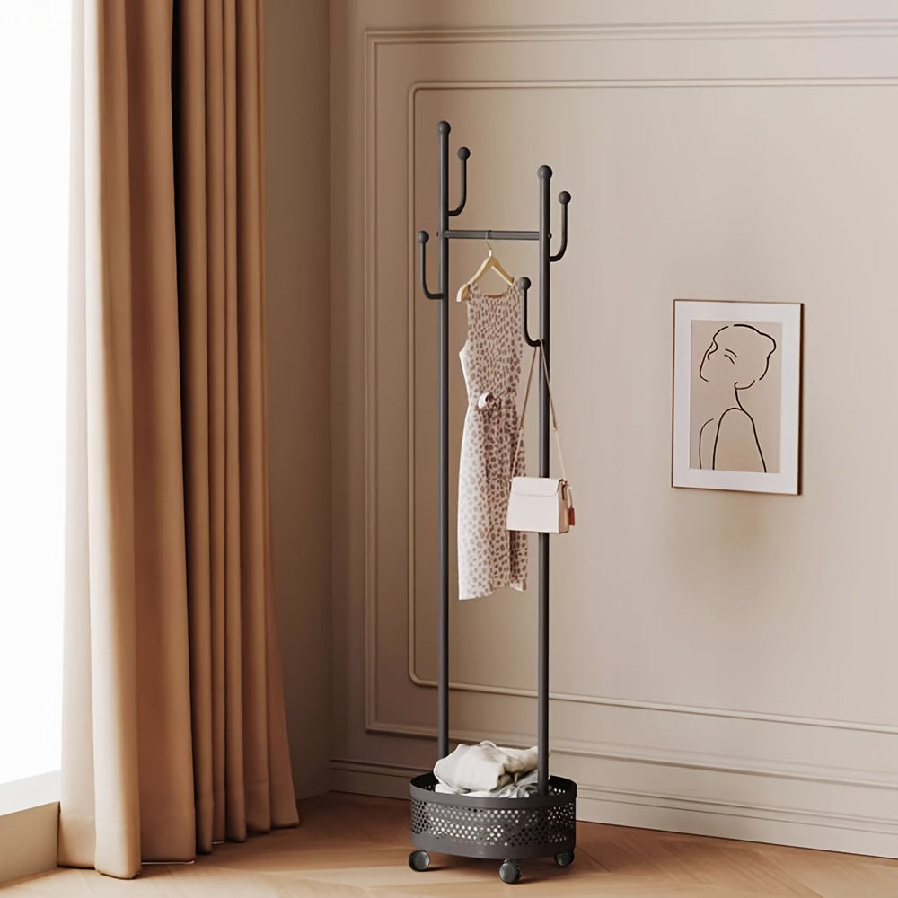 A Floor-Standing Clothes Rack for The Bedroom, a Dirty Laundry Basket, a Cream-Colored Minimalist Hanger, And a Trendy Indoor Coat Rack.