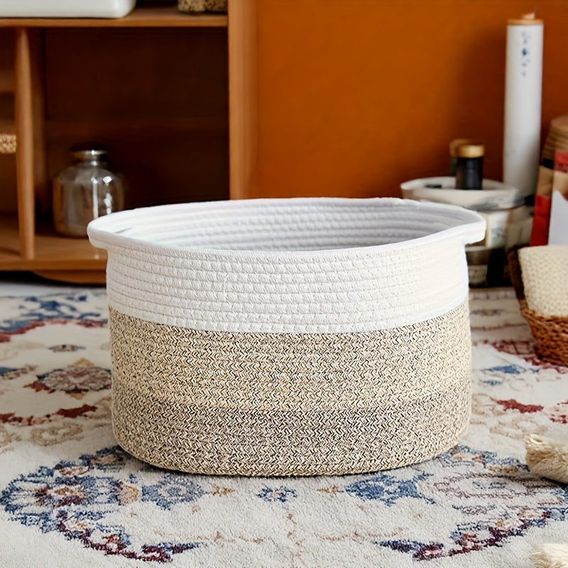 Scandinavian Bohemian Woven Storage Basket - Foldable Polyester Rope Hamper with Handles, Black & White Geometric Pattern, Multi-Purpose Organizer for Laundry, Toys, Home Decor, Laundry Basket