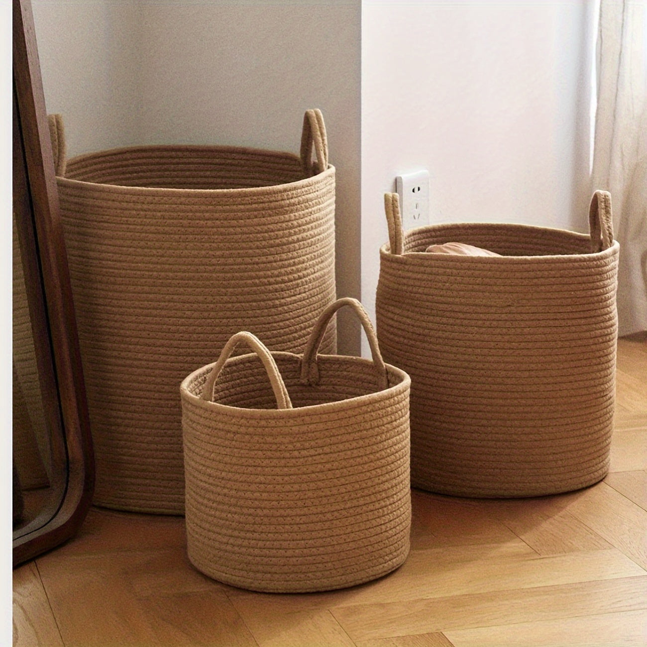 3pcs Rectangle Jute Laundry Basket, Boho Woven, Fabric, with Handle, for Bathroom, Living Room Storage of Dirty Clothes, Toys and Blankets, Laundry Baskets