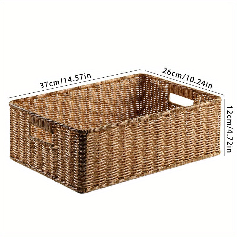 Rustic Storage Basket 1pc Handmade Plastic Woven Storage Basket with Dual Handles | Versatile Desktop Organizer for Living Room, Bedroom, or Coffee Table - Rustic Charm, Decorative Storage Basket