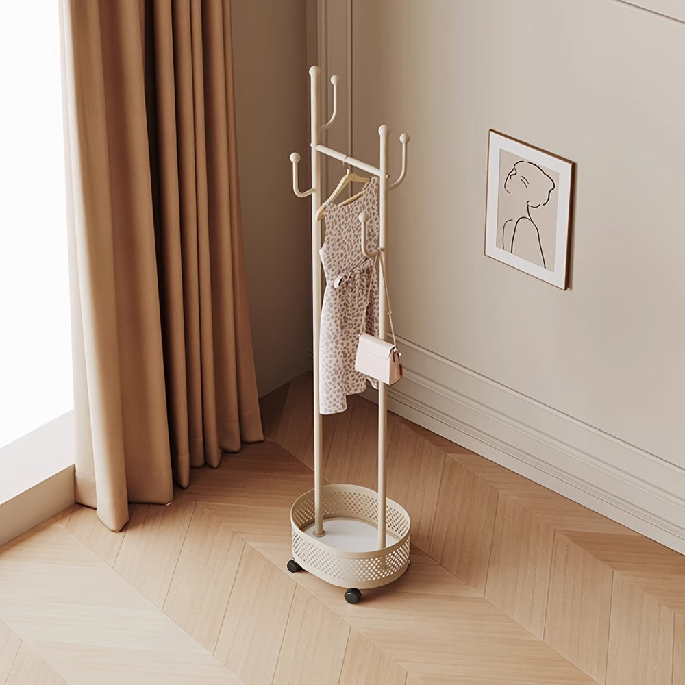 A Floor-Standing Clothes Rack for The Bedroom, a Dirty Laundry Basket, a Cream-Colored Minimalist Hanger, And a Trendy Indoor Coat Rack.