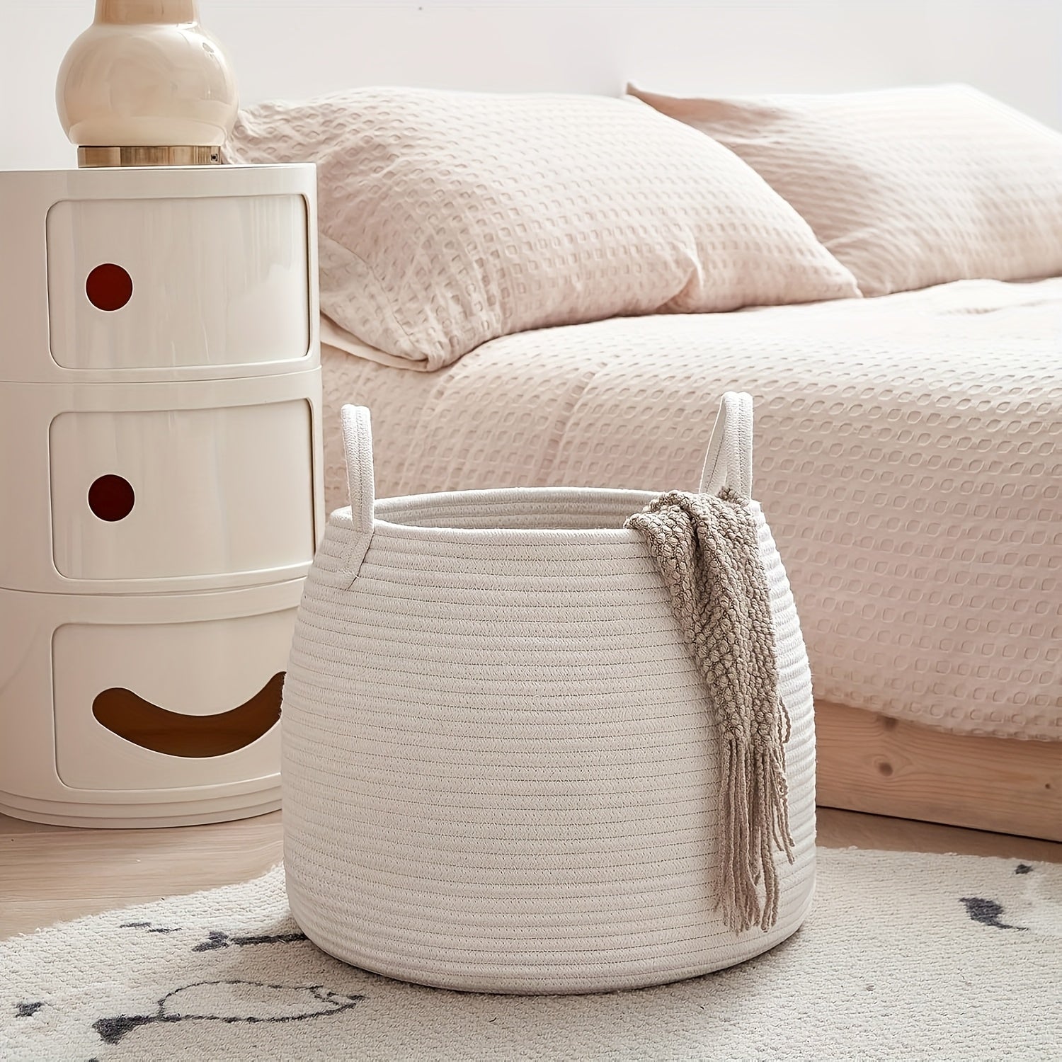 Bohemian Storage Basket Inwagui Bohemian Oval Storage Basket | White & Grey Polyester Hamper with Sturdy Handles for Towels, Clothes, Laundry | Decorative Organizer for Bathroom, Bedroom, Living Room Home Decor