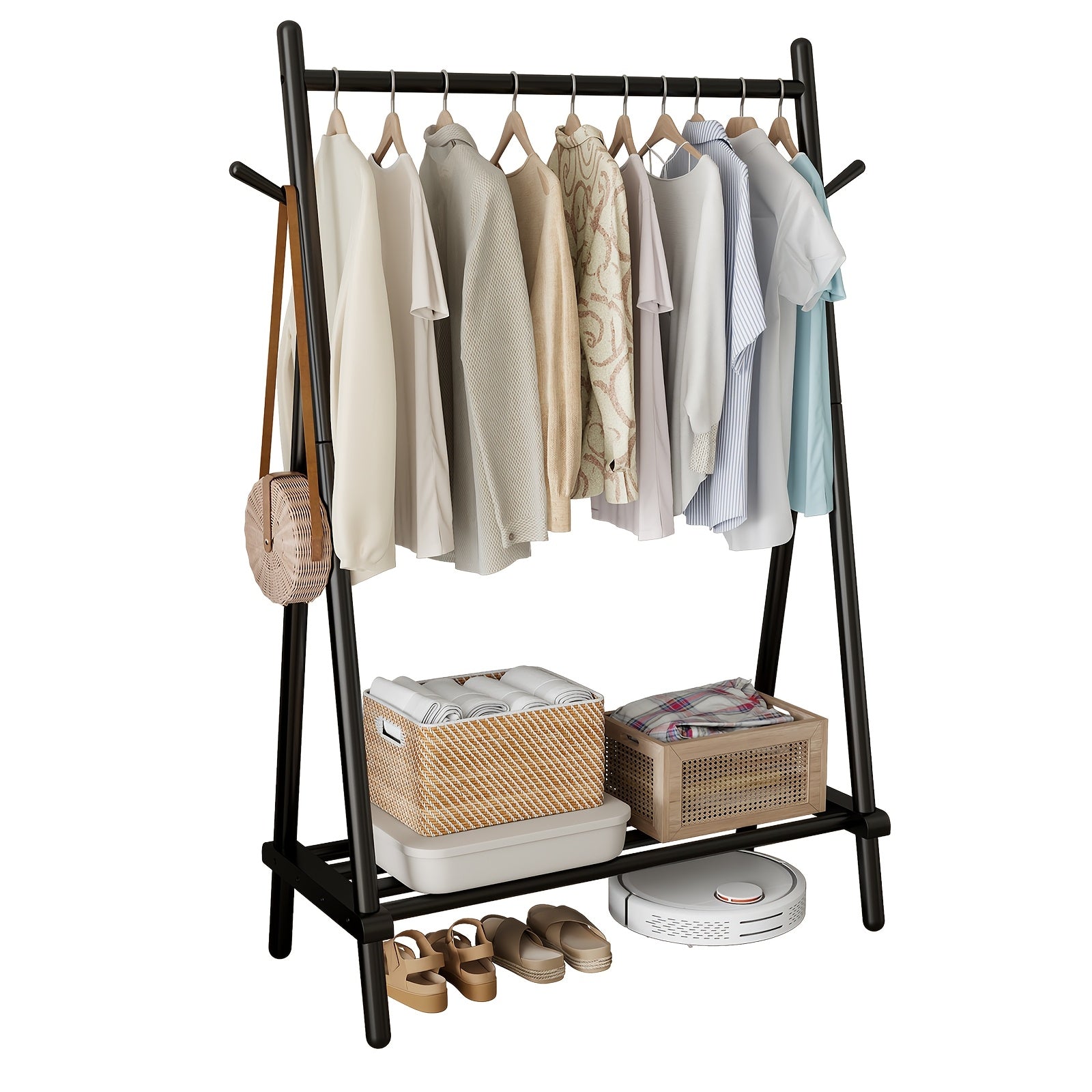 Free Shipping - Solid Wood Clothes Rack, Portable Garment Rack With Hooks And Shelf, Sturdy Freestanding Clothing Organizer For Coats, Dresses, Shoes, Bags, Easy To Assemble Storage Solution For Bedroom, Entryway, Living Room, Autumn Grand