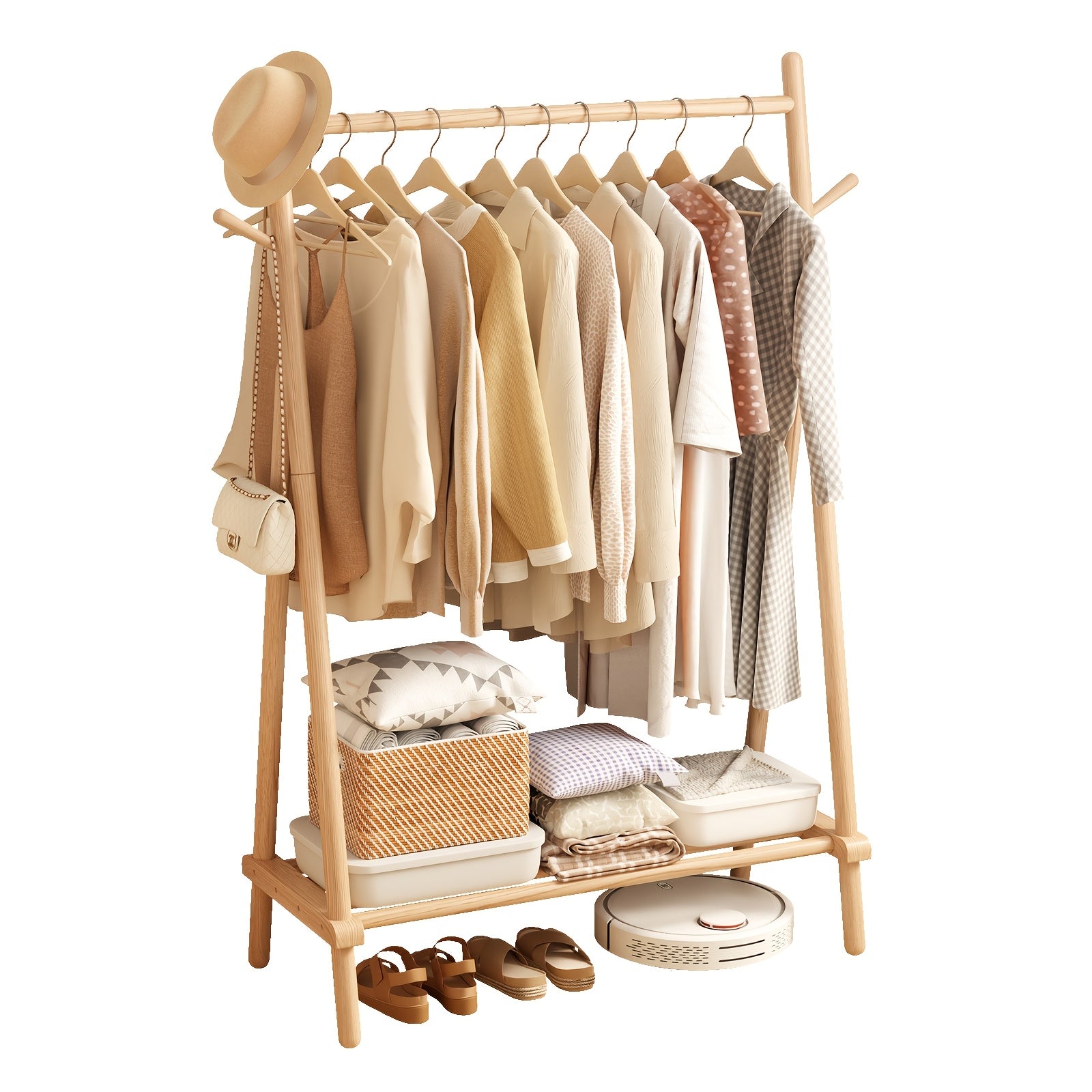 Free Shipping - Solid Wood Clothes Rack, Portable Garment Rack With Hooks And Shelf, Sturdy Freestanding Clothing Organizer For Coats, Dresses, Shoes, Bags, Easy To Assemble Storage Solution For Bedroom, Entryway, Living Room, Autumn Grand