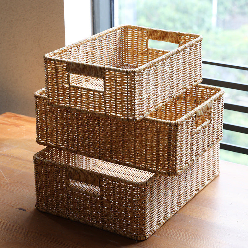 Rustic Storage Basket 1pc Handmade Plastic Woven Storage Basket with Dual Handles | Versatile Desktop Organizer for Living Room, Bedroom, or Coffee Table - Rustic Charm, Decorative Storage Basket