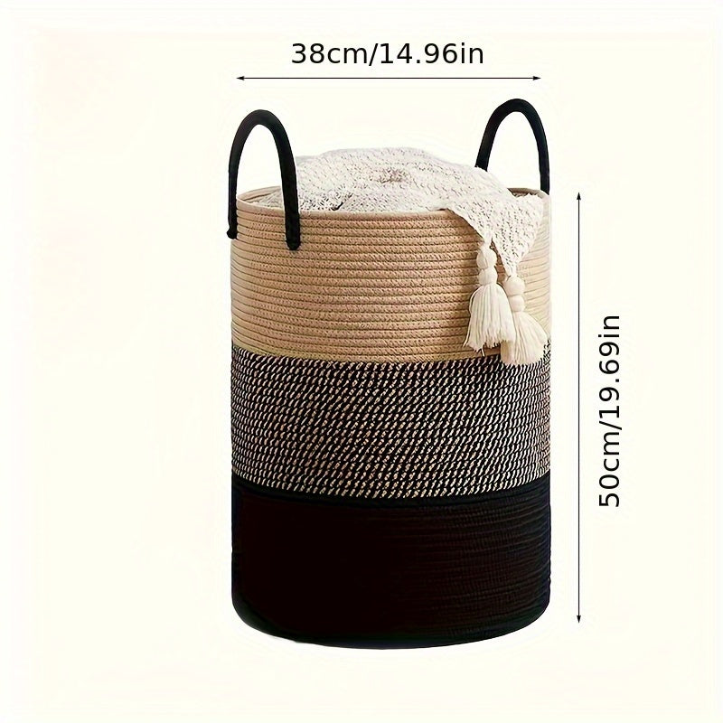 Scandinavian Bohemian Woven Storage Basket - Foldable Polyester Rope Hamper with Handles, Black & White Geometric Pattern, Multi-Purpose Organizer for Laundry, Toys, Home Decor, Laundry Basket