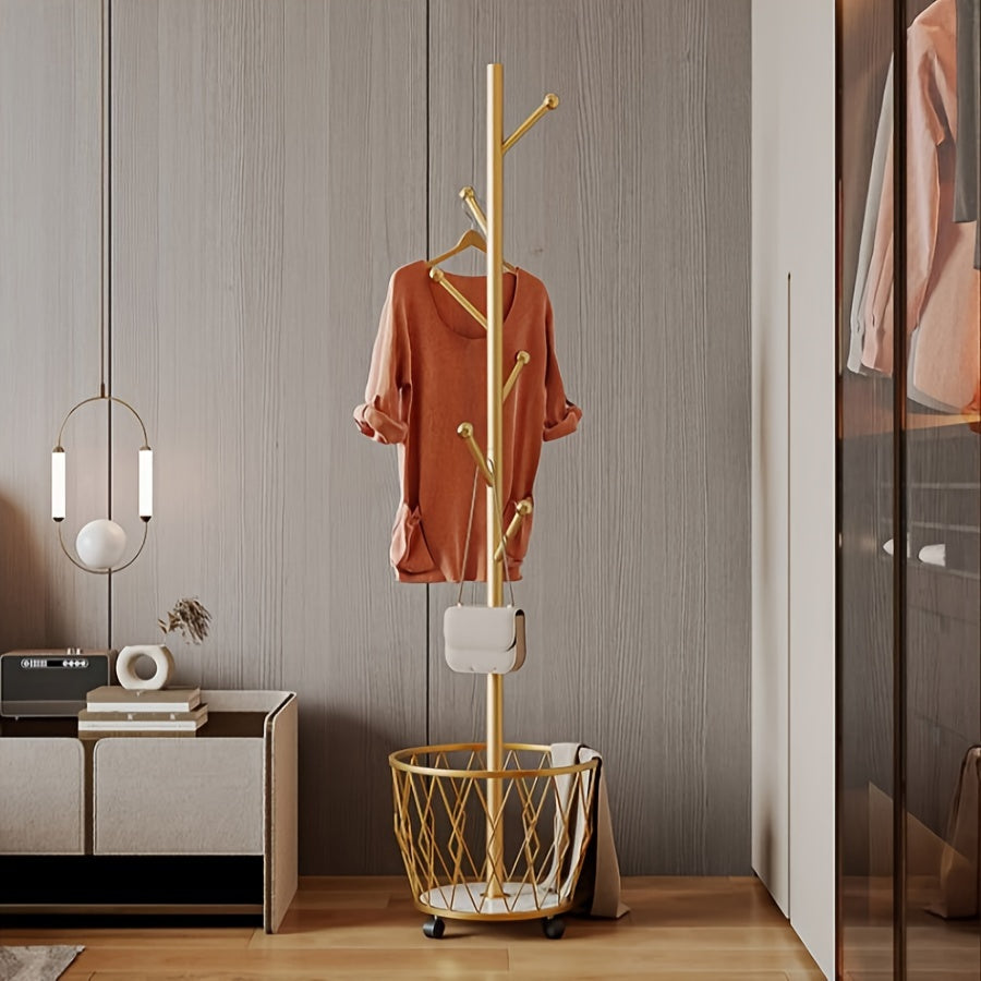 Golden Clothing Rack Space-Saving Golden Single-Pole Clothing Rack with Basket | Sturdy Iron Construction, Easy Assembly, Modern Home Decor, Contemporary Furniture, Elegant Finish, Laundry Room Decor