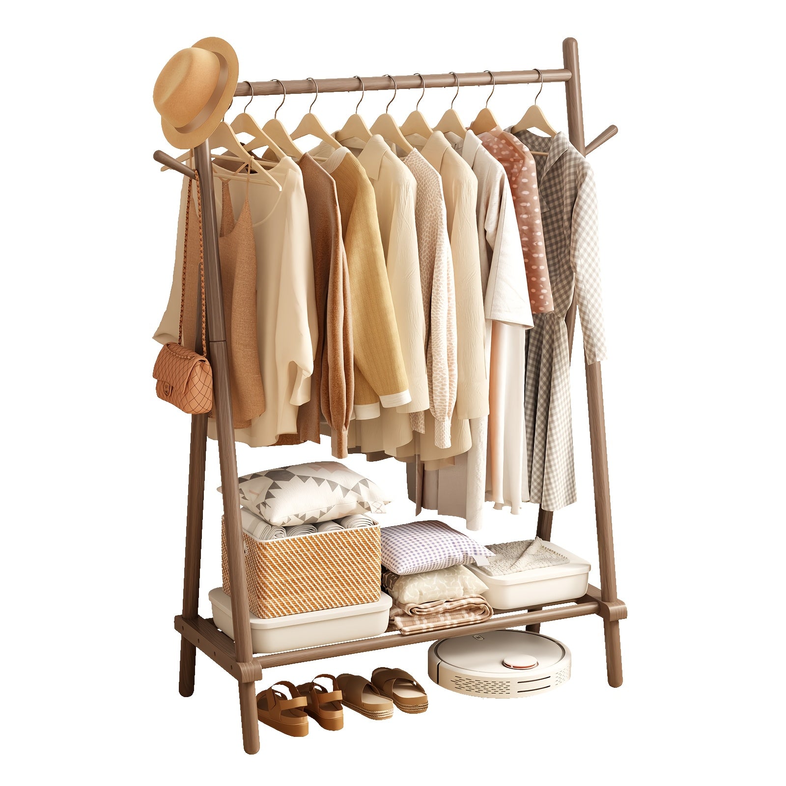 Free Shipping - Solid Wood Clothes Rack, Portable Garment Rack With Hooks And Shelf, Sturdy Freestanding Clothing Organizer For Coats, Dresses, Shoes, Bags, Easy To Assemble Storage Solution For Bedroom, Entryway, Living Room, Autumn Grand