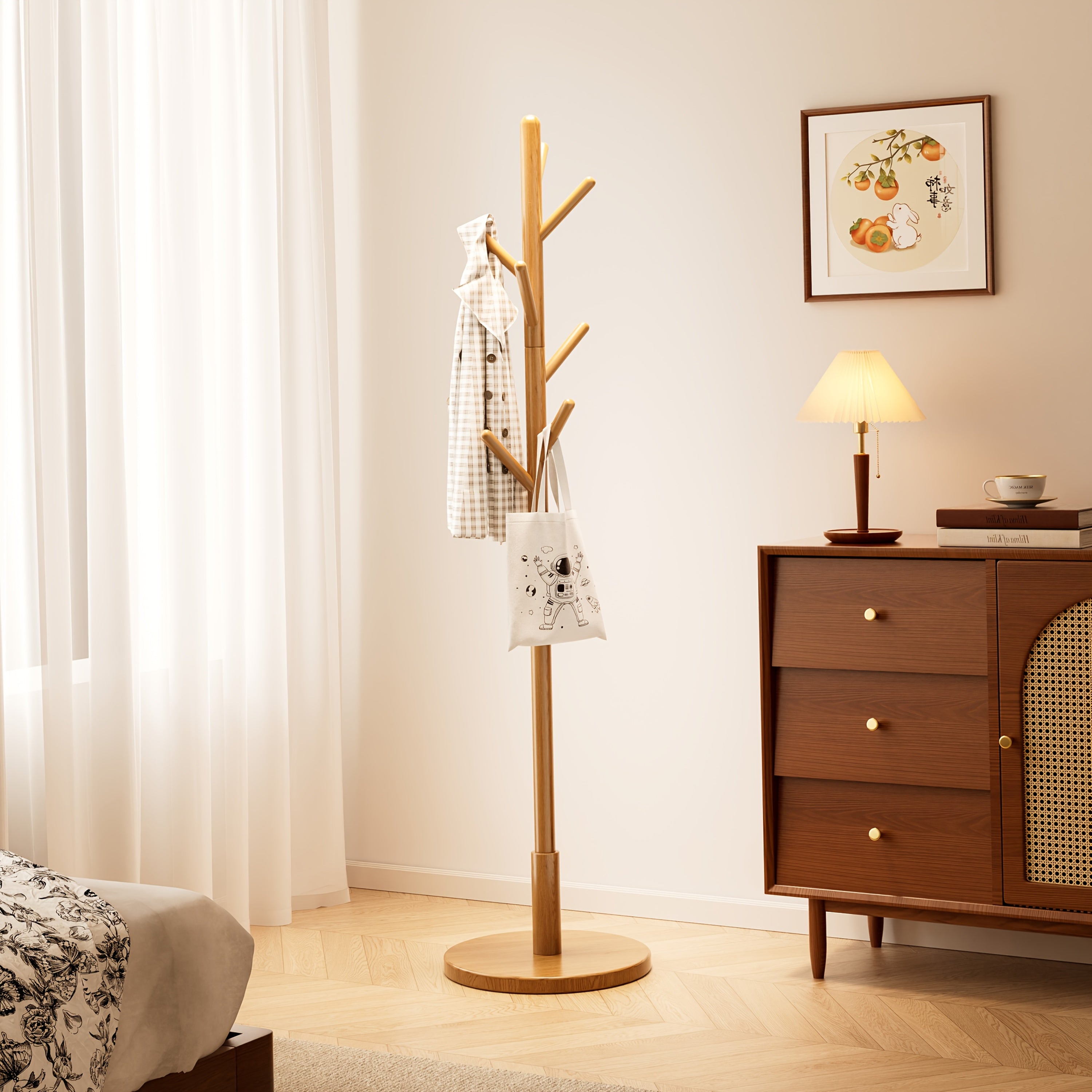 A Single Pole Coat Rack with a Hook, Designed in a Nordic Minimalist Style, Suitable for Bedrooms. This Sturdy Home Coat Rack Can Hold Clothes, Hats, Bags, And Scarves, Making It Ideal for Hallways And Living Rooms Without The Need for Drilling.