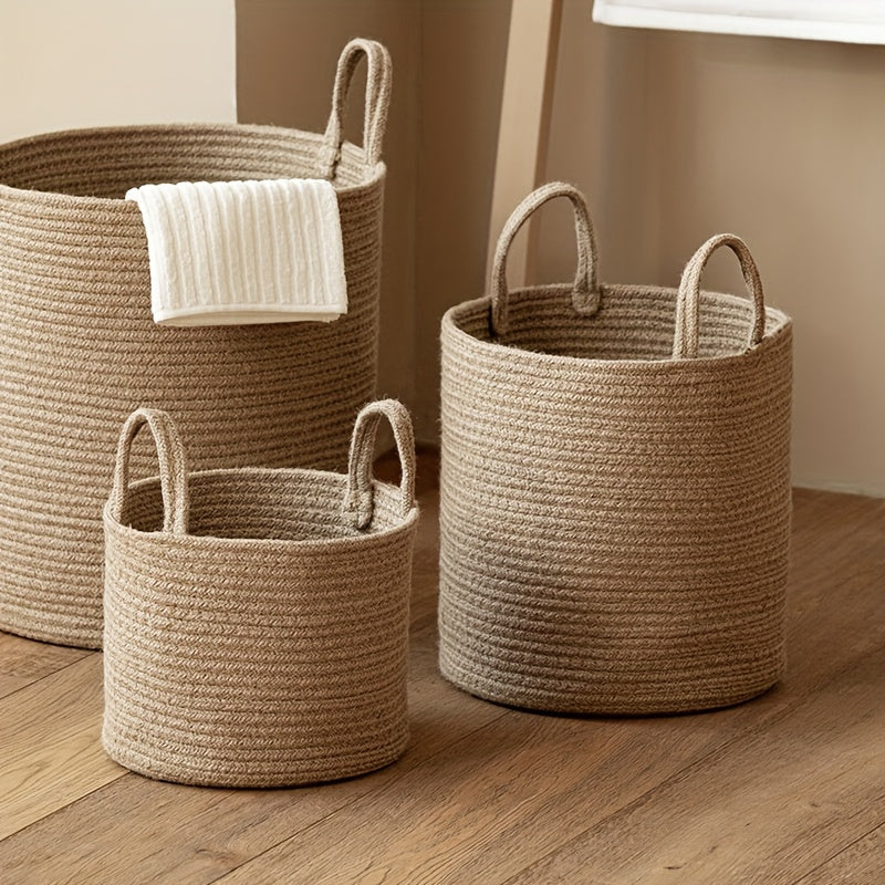3pcs Rectangle Jute Laundry Basket, Boho Woven, Fabric, with Handle, for Bathroom, Living Room Storage of Dirty Clothes, Toys and Blankets, Laundry Baskets