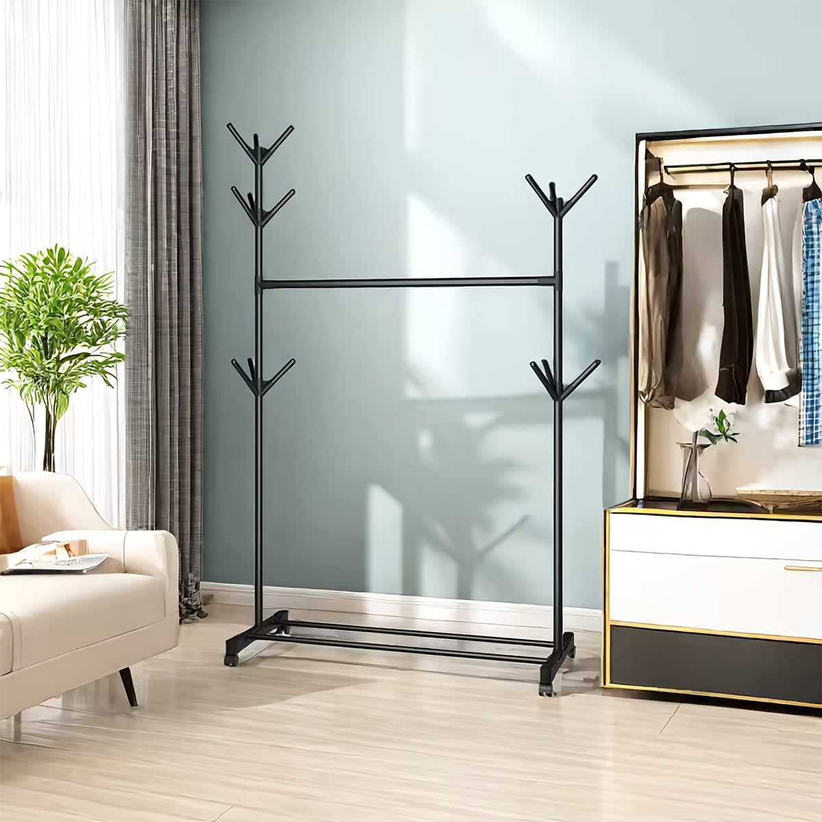 Simple And Stylish Floor-standing Independent Coat Rack, 66.3-inch High, Tree Branch-shaped Coat Rack with 9 Hooks, Easy to Assemble And Store, Suitable for Bedrooms, Hallways, Entrances, Offices, Can Hang Hats, Coats, Scarves, Handbags