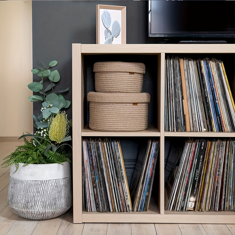 Leather Handle Decorative Organizer Bins Contemporary Polyester Woven Storage Basket Set with Lids, Leather Handle Design, Lidded Decorative Organizer Bins, 2-Piece Set for Home Organization