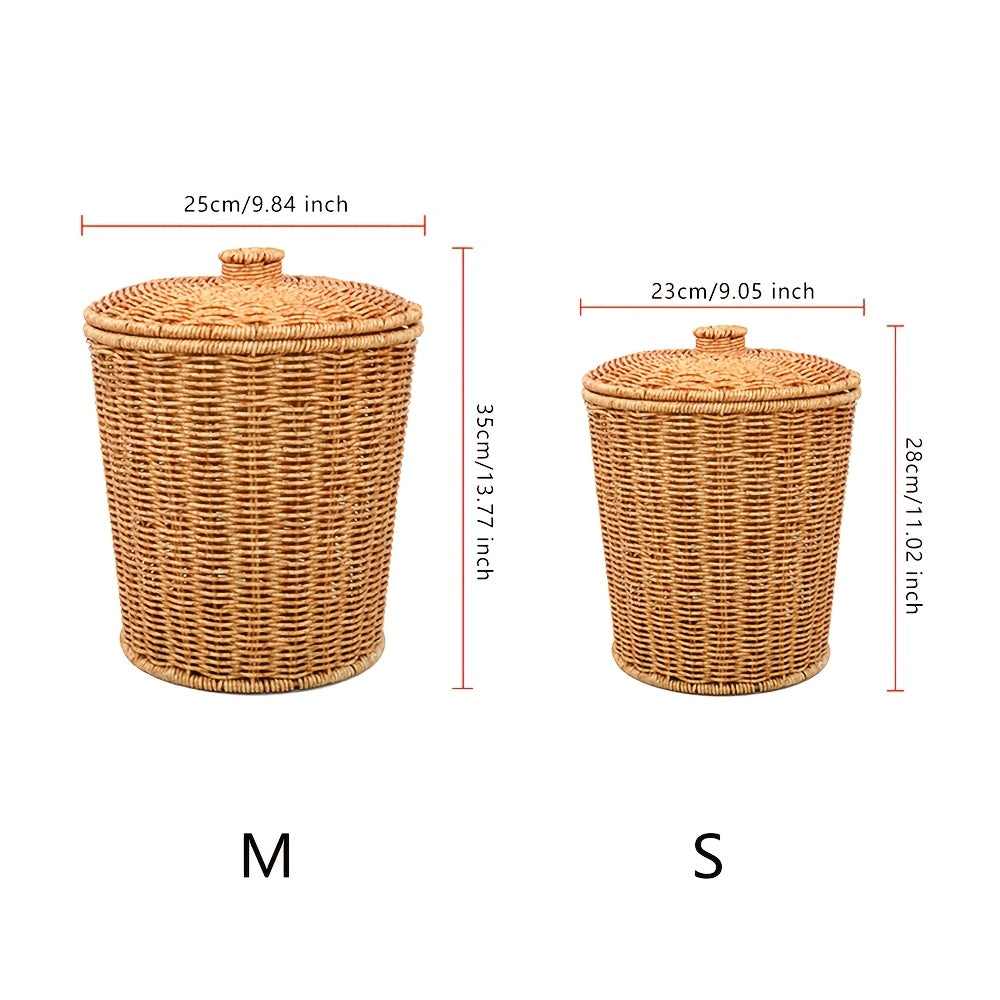 Creative bucket type covered storage basket, office and household garbage bin, hand woven, large capacity, Shelf Baskets