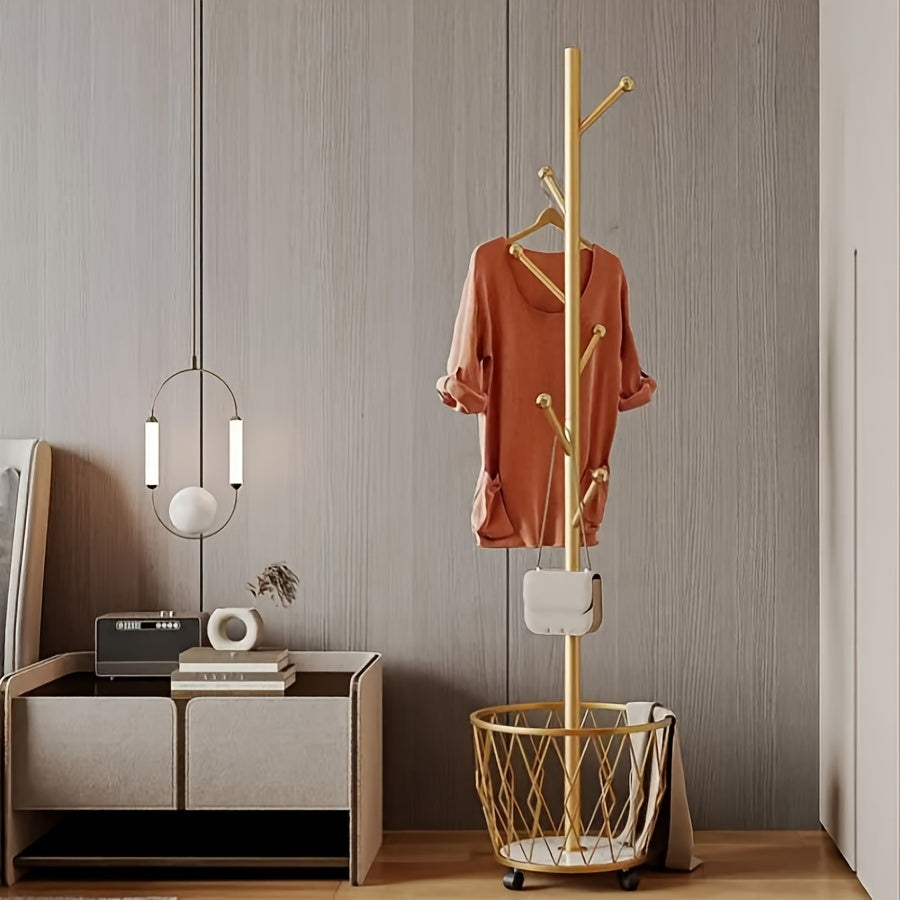 Golden Clothing Rack Space-Saving Golden Single-Pole Clothing Rack with Basket | Sturdy Iron Construction, Easy Assembly, Modern Home Decor, Contemporary Furniture, Elegant Finish, Laundry Room Decor