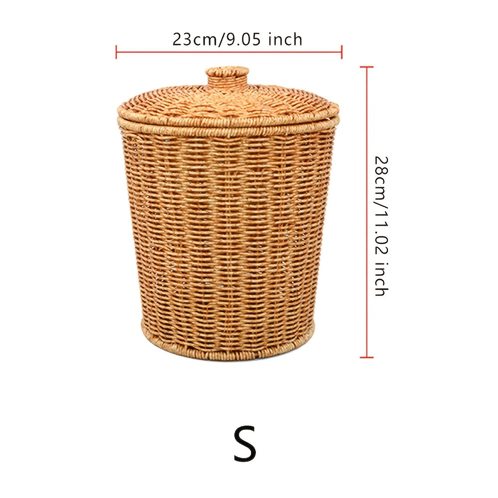 Creative bucket type covered storage basket, office and household garbage bin, hand woven, large capacity, Shelf Baskets