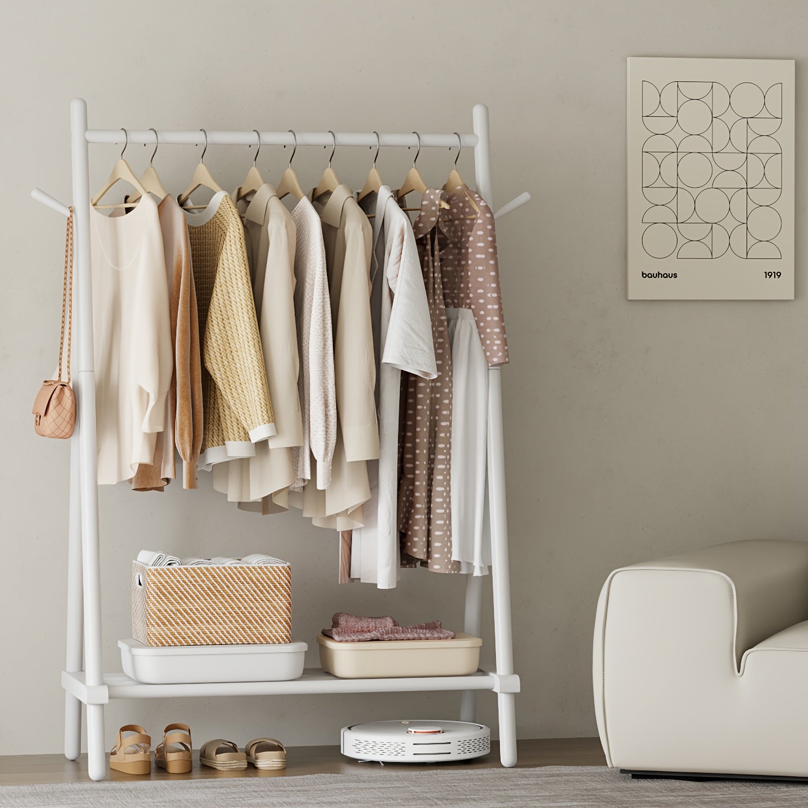 Free Shipping - Solid Wood Clothes Rack, Portable Garment Rack With Hooks And Shelf, Sturdy Freestanding Clothing Organizer For Coats, Dresses, Shoes, Bags, Easy To Assemble Storage Solution For Bedroom, Entryway, Living Room, Autumn Grand