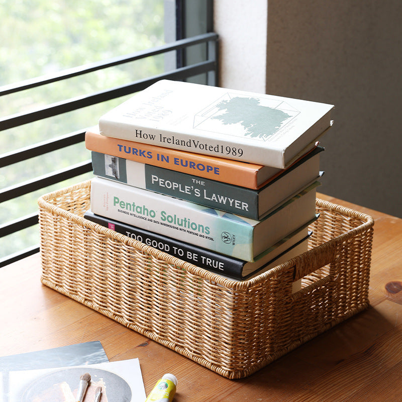 Rustic Storage Basket 1pc Handmade Plastic Woven Storage Basket with Dual Handles | Versatile Desktop Organizer for Living Room, Bedroom, or Coffee Table - Rustic Charm, Decorative Storage Basket