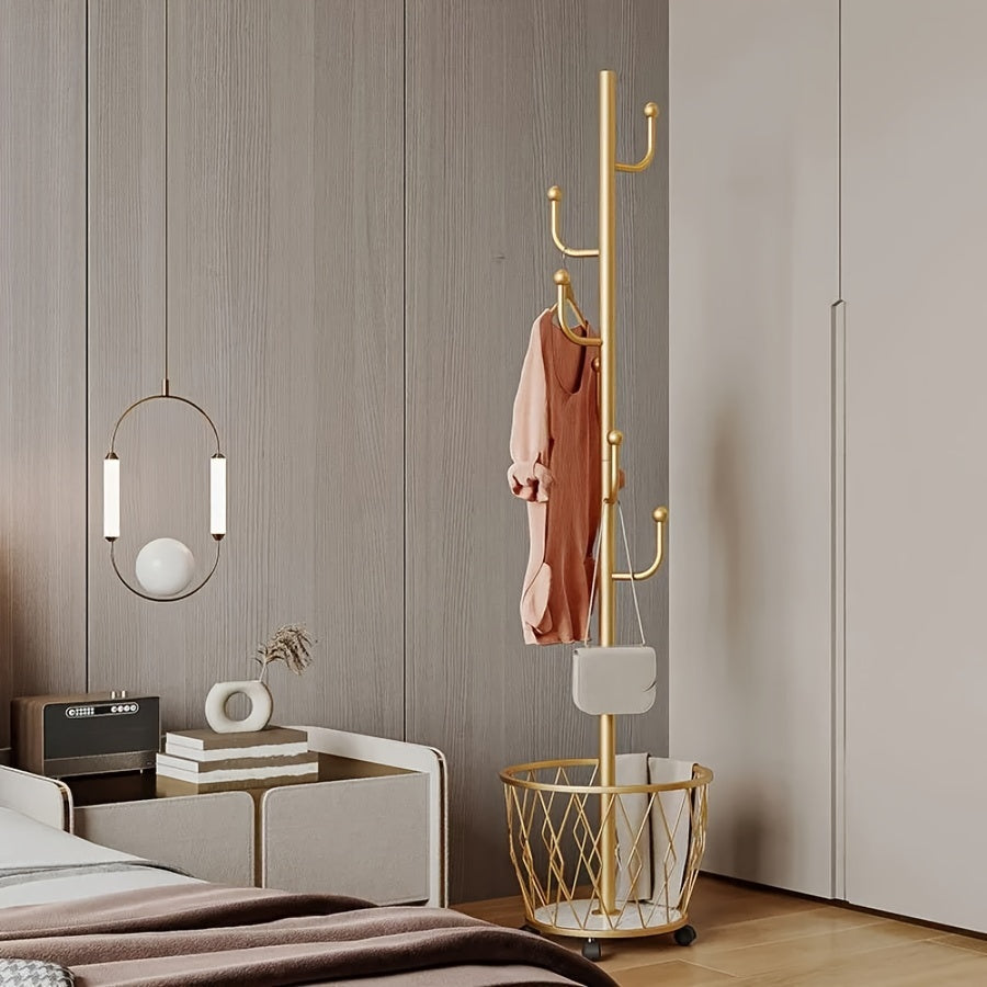 Golden Clothing Rack Space-Saving Golden Single-Pole Clothing Rack with Basket | Sturdy Iron Construction, Easy Assembly, Modern Home Decor, Contemporary Furniture, Elegant Finish, Laundry Room Decor