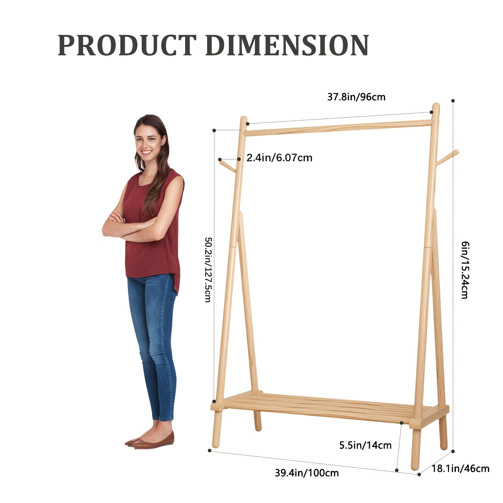 Free Shipping - Solid Wood Clothes Rack, Portable Garment Rack With Hooks And Shelf, Sturdy Freestanding Clothing Organizer For Coats, Dresses, Shoes, Bags, Easy To Assemble Storage Solution For Bedroom, Entryway, Living Room, Autumn Grand