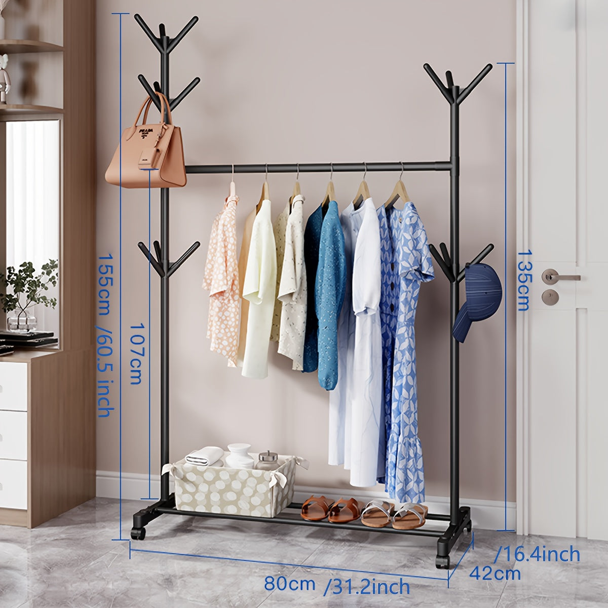 Simple And Stylish Floor-standing Independent Coat Rack, 66.3-inch High, Tree Branch-shaped Coat Rack with 9 Hooks, Easy to Assemble And Store, Suitable for Bedrooms, Hallways, Entrances, Offices, Can Hang Hats, Coats, Scarves, Handbags