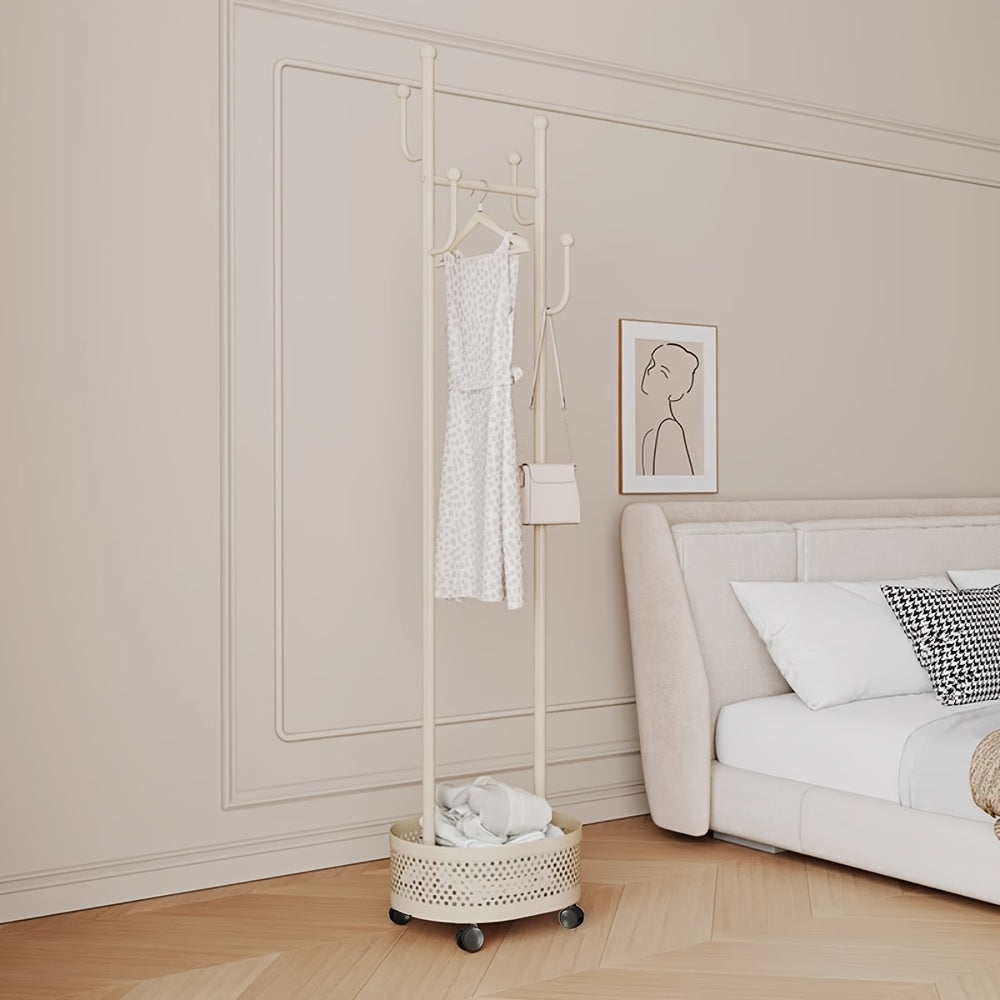 A Floor-Standing Clothes Rack for The Bedroom, a Dirty Laundry Basket, a Cream-Colored Minimalist Hanger, And a Trendy Indoor Coat Rack.