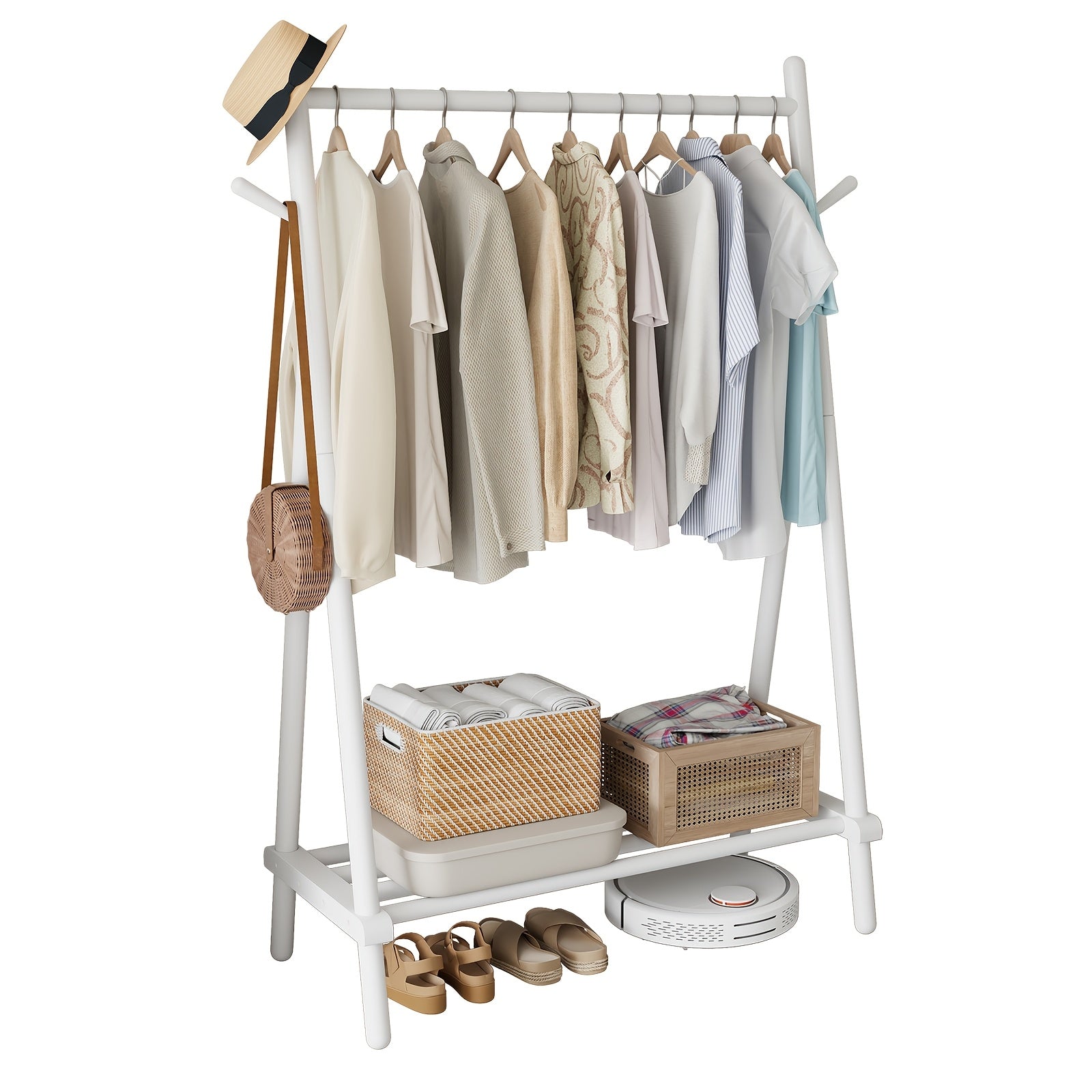Free Shipping - Solid Wood Clothes Rack, Portable Garment Rack With Hooks And Shelf, Sturdy Freestanding Clothing Organizer For Coats, Dresses, Shoes, Bags, Easy To Assemble Storage Solution For Bedroom, Entryway, Living Room, Autumn Grand