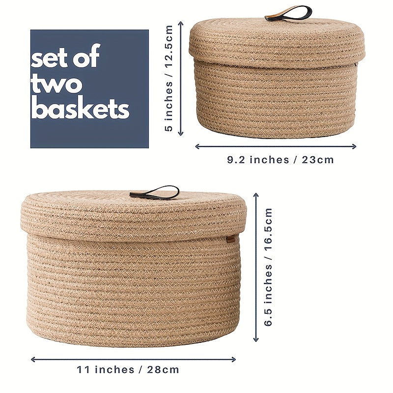 Leather Handle Decorative Organizer Bins Contemporary Polyester Woven Storage Basket Set with Lids, Leather Handle Design, Lidded Decorative Organizer Bins, 2-Piece Set for Home Organization