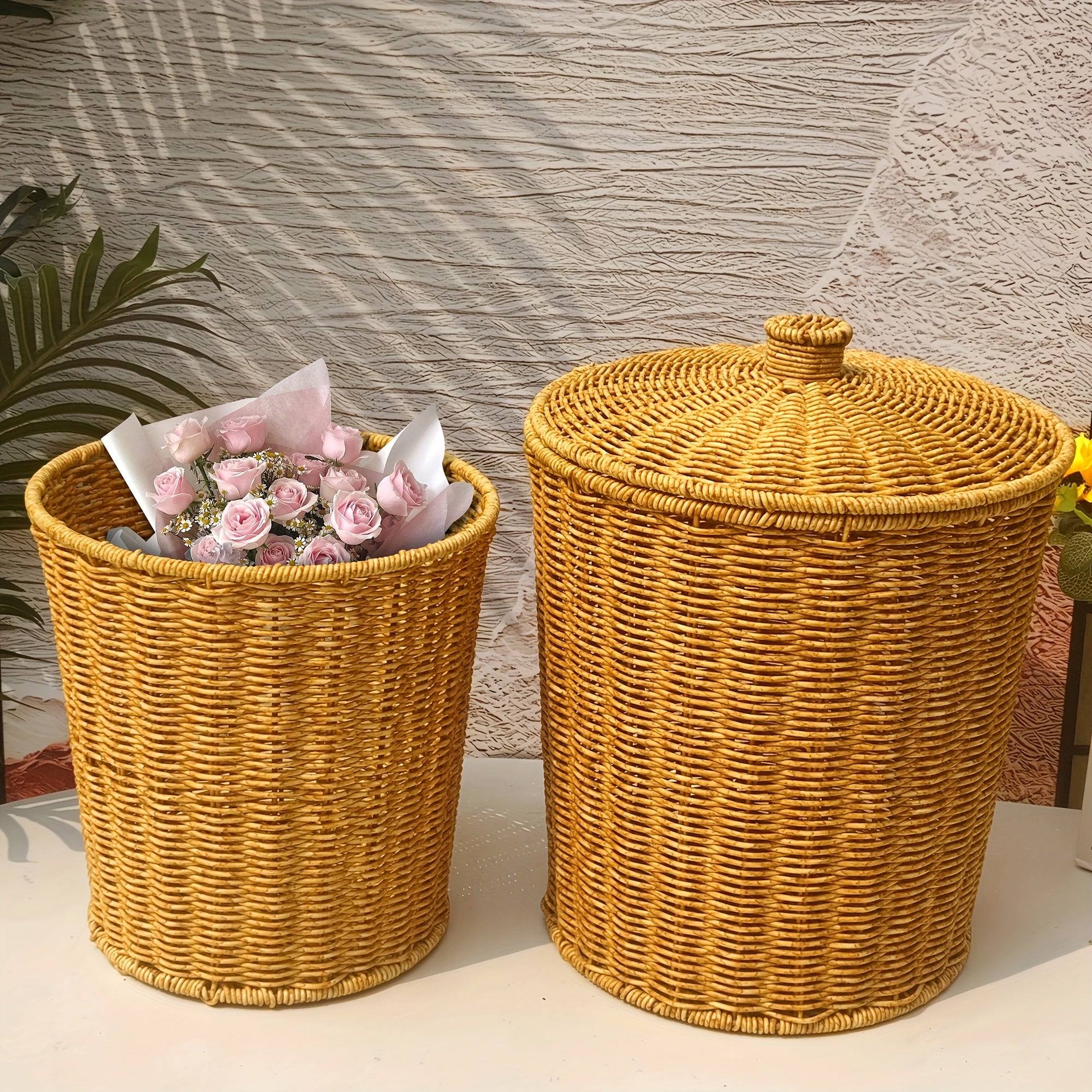 Creative bucket type covered storage basket, office and household garbage bin, hand woven, large capacity, Shelf Baskets