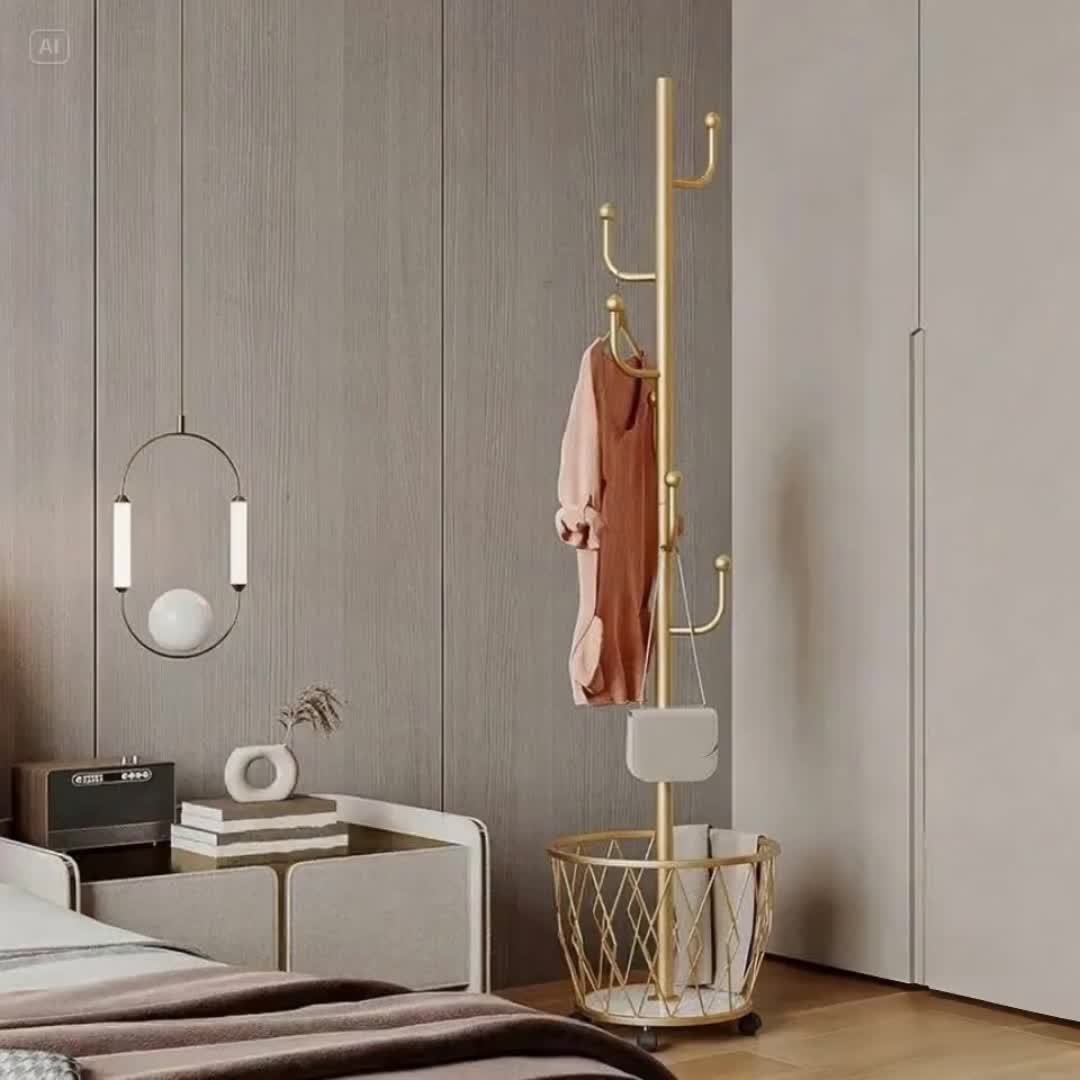 Golden Clothing Rack Space-Saving Golden Single-Pole Clothing Rack with Basket | Sturdy Iron Construction, Easy Assembly, Modern Home Decor, Contemporary Furniture, Elegant Finish, Laundry Room Decor