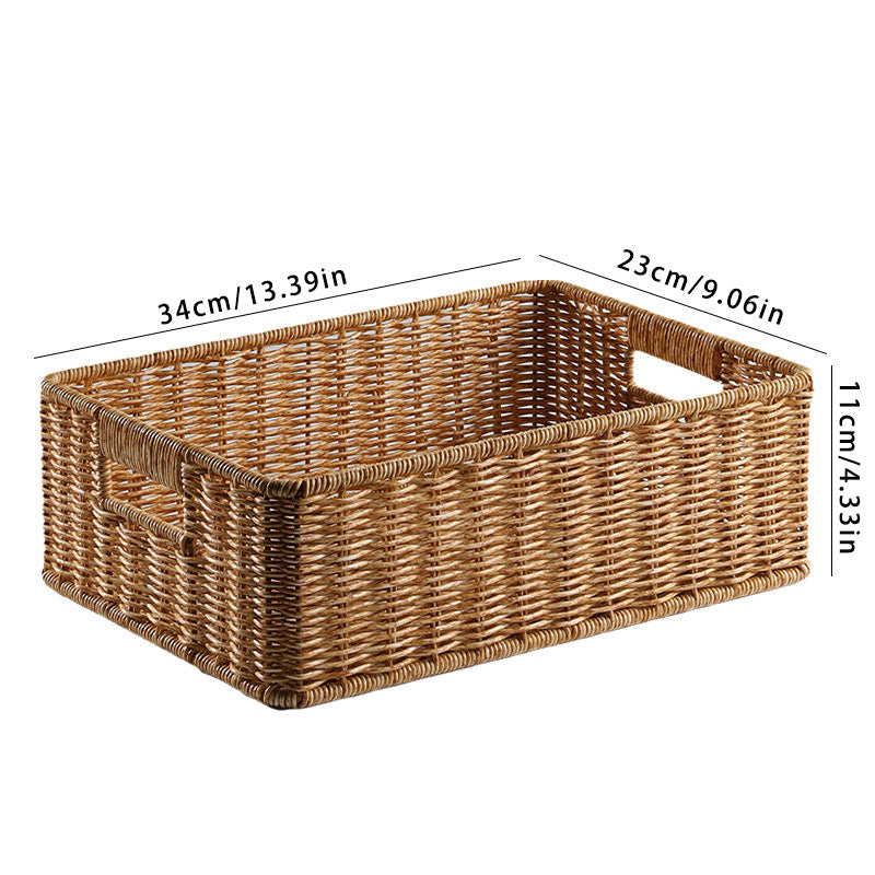 Rustic Storage Basket 1pc Handmade Plastic Woven Storage Basket with Dual Handles | Versatile Desktop Organizer for Living Room, Bedroom, or Coffee Table - Rustic Charm, Decorative Storage Basket