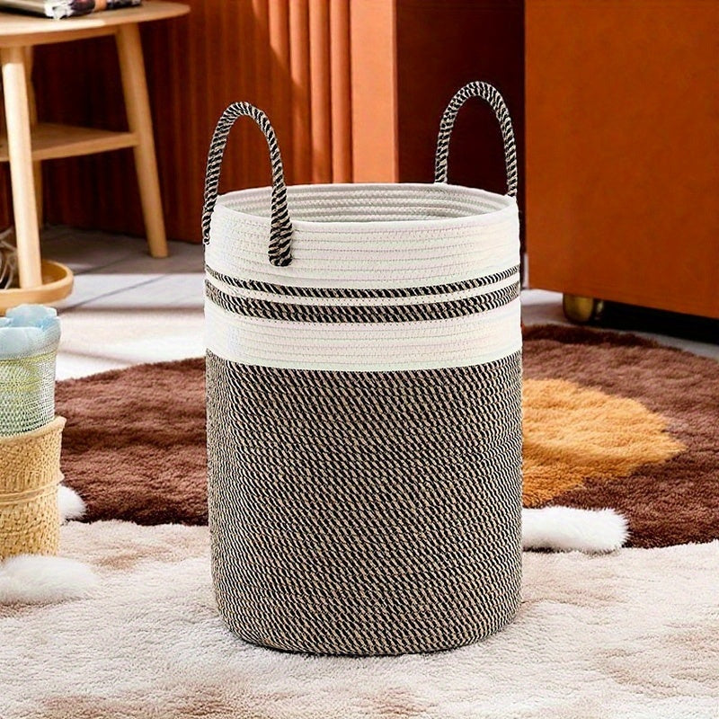 Scandinavian Bohemian Woven Storage Basket - Foldable Polyester Rope Hamper with Handles, Black & White Geometric Pattern, Multi-Purpose Organizer for Laundry, Toys, Home Decor, Laundry Basket
