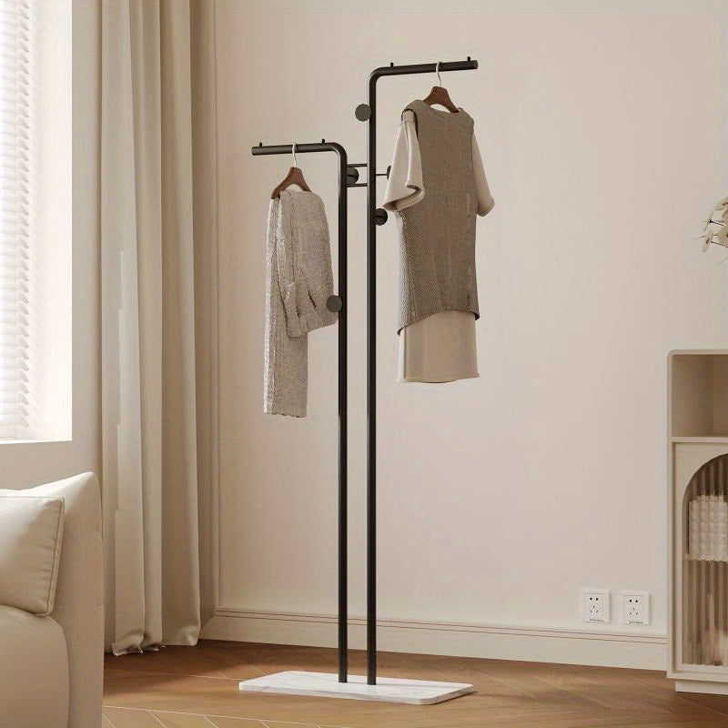 Stylish Metal Rack Modern Metal Freestanding Clothes Rack | Dual Hanging Rods and Lower Storage Shelf, Portable and Stylish for Living Room or Bedroom, Bedroom Organizer