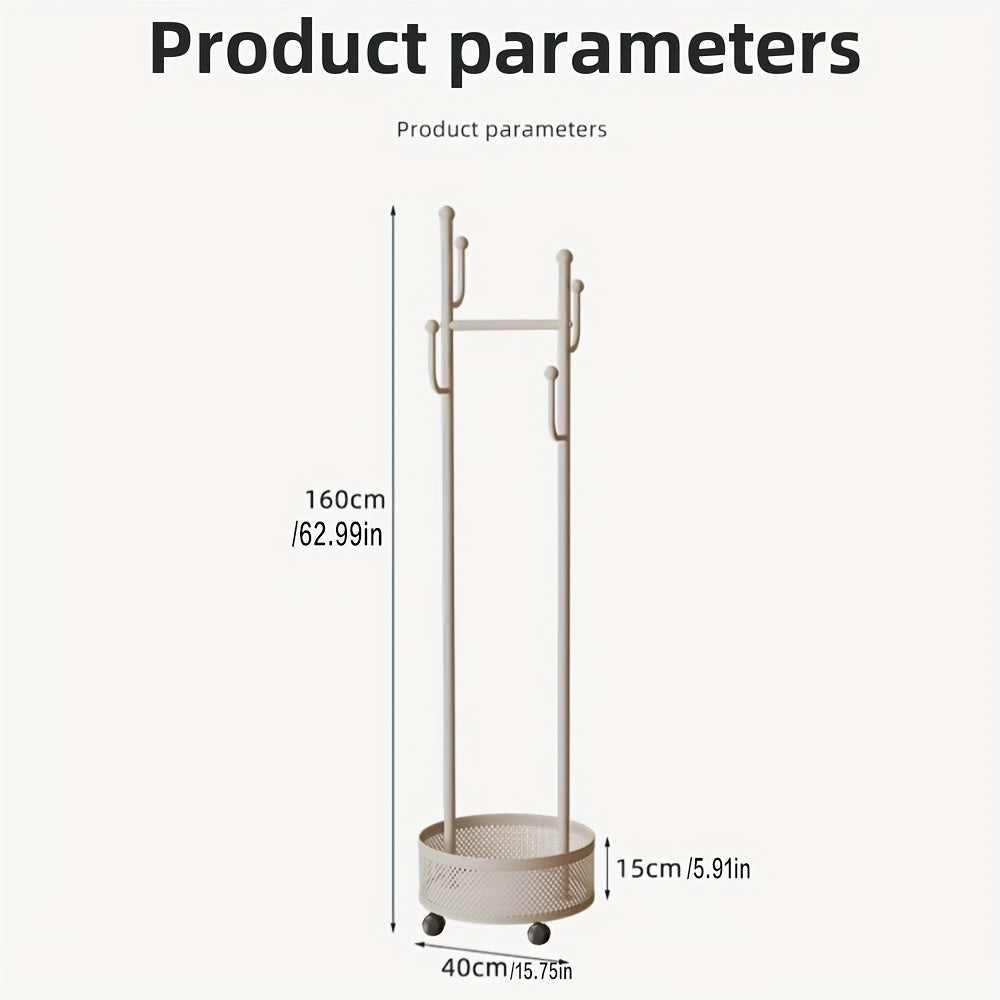 A Floor-Standing Clothes Rack for The Bedroom, a Dirty Laundry Basket, a Cream-Colored Minimalist Hanger, And a Trendy Indoor Coat Rack.