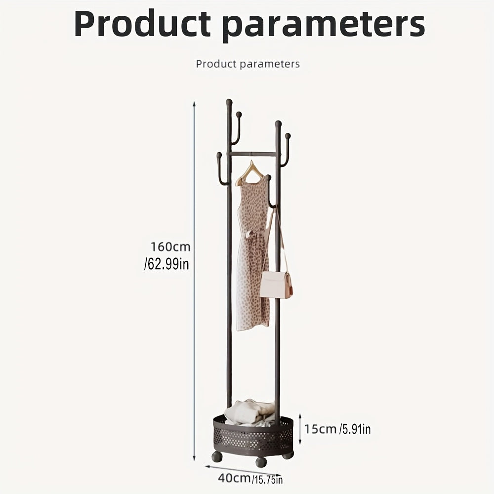 A Floor-Standing Clothes Rack for The Bedroom, a Dirty Laundry Basket, a Cream-Colored Minimalist Hanger, And a Trendy Indoor Coat Rack.