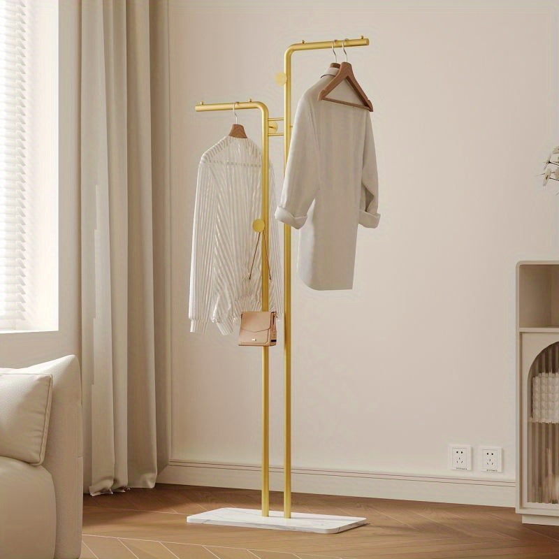 Stylish Metal Rack Modern Metal Freestanding Clothes Rack | Dual Hanging Rods and Lower Storage Shelf, Portable and Stylish for Living Room or Bedroom, Bedroom Organizer