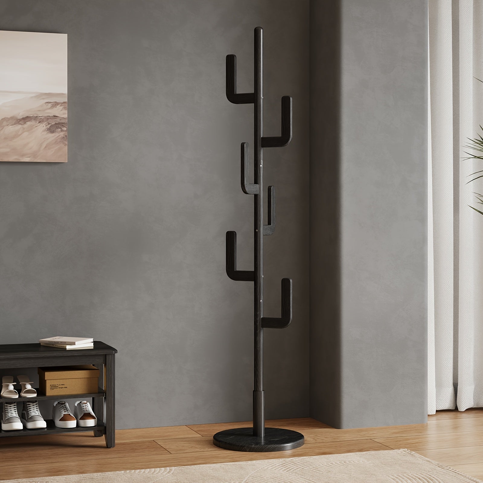 Furniture For Home, Home Decor, Living Room Furniture, Coat Rack, Solid Wood Cactus Coat Rack Stand, Freestanding Coat Rack With 6 L-shaped Hooks, Adjustable Sizes, Sturdy Coat Tree For Entryway, Bedroom, Free Shipping