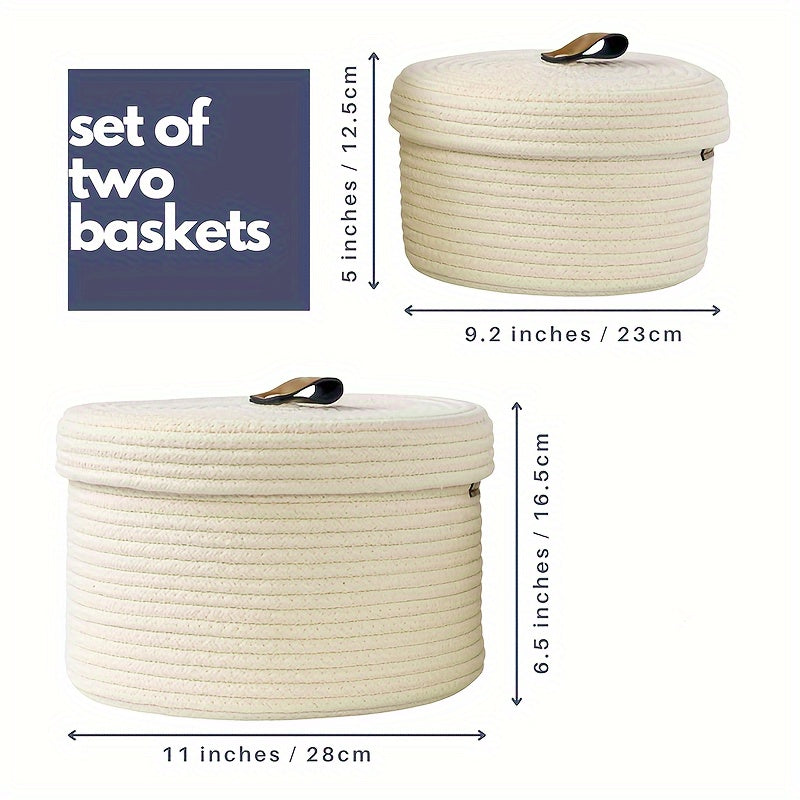 Leather Handle Decorative Organizer Bins Contemporary Polyester Woven Storage Basket Set with Lids, Leather Handle Design, Lidded Decorative Organizer Bins, 2-Piece Set for Home Organization