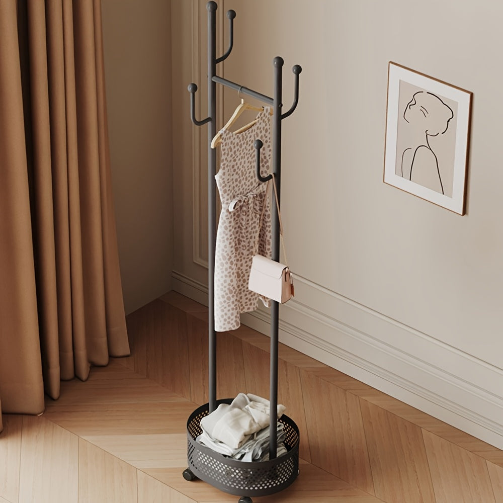 A Floor-Standing Clothes Rack for The Bedroom, a Dirty Laundry Basket, a Cream-Colored Minimalist Hanger, And a Trendy Indoor Coat Rack.