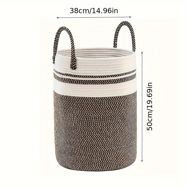 Scandinavian Bohemian Woven Storage Basket - Foldable Polyester Rope Hamper with Handles, Black & White Geometric Pattern, Multi-Purpose Organizer for Laundry, Toys, Home Decor, Laundry Basket
