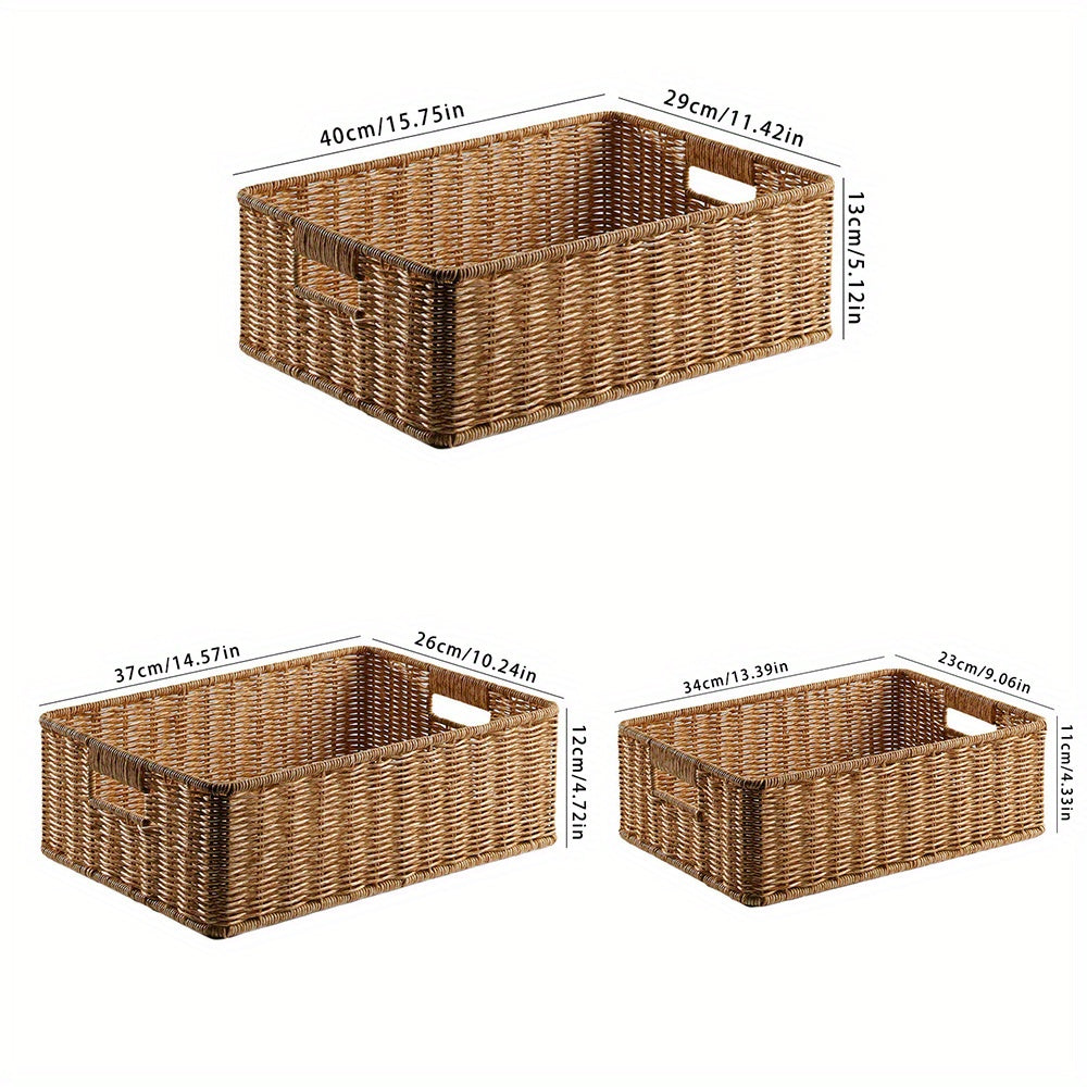 Rustic Storage Basket 1pc Handmade Plastic Woven Storage Basket with Dual Handles | Versatile Desktop Organizer for Living Room, Bedroom, or Coffee Table - Rustic Charm, Decorative Storage Basket