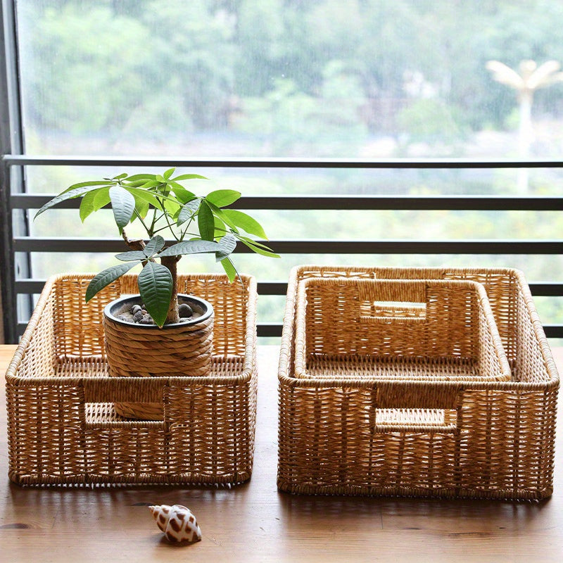 Rustic Storage Basket 1pc Handmade Plastic Woven Storage Basket with Dual Handles | Versatile Desktop Organizer for Living Room, Bedroom, or Coffee Table - Rustic Charm, Decorative Storage Basket