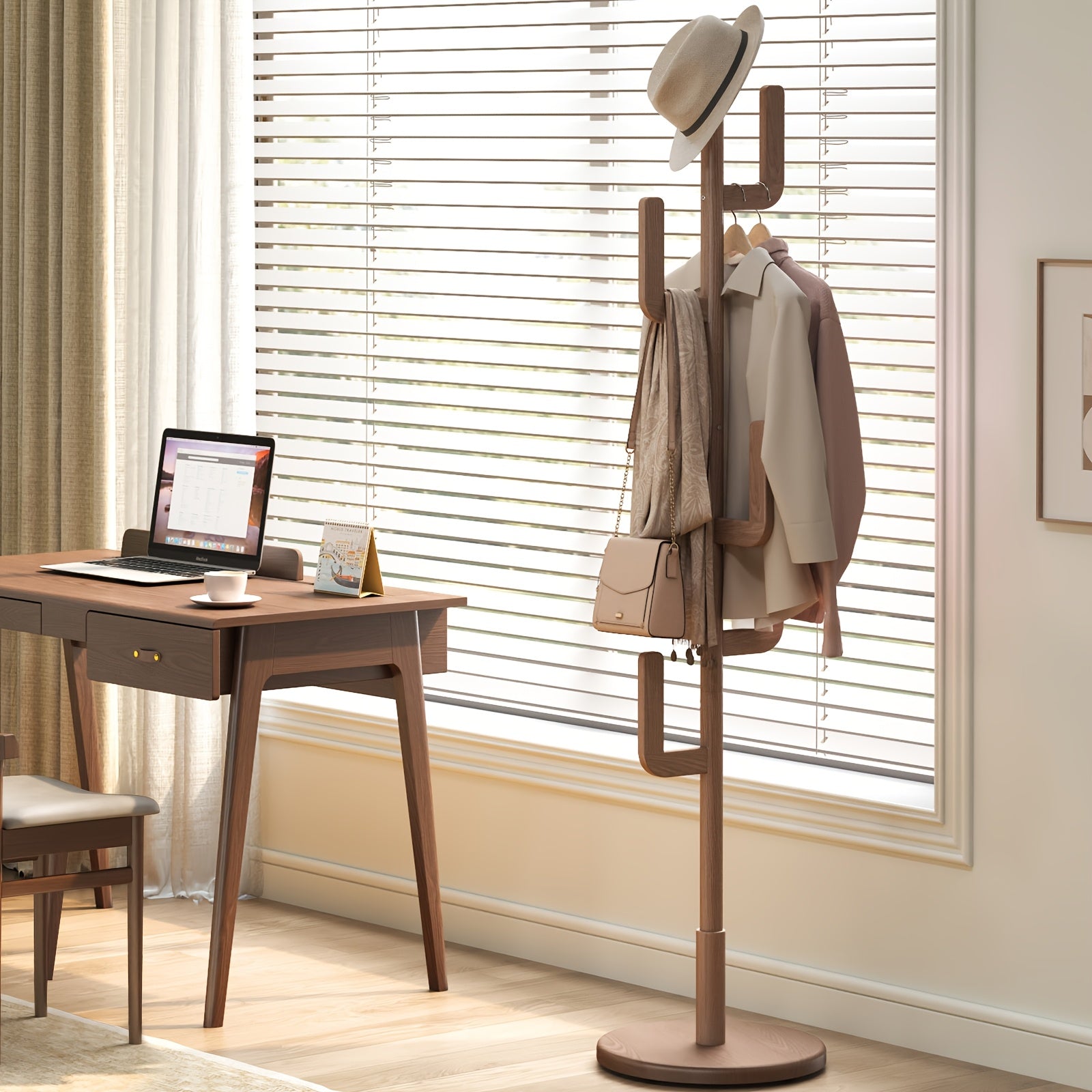 Furniture For Home, Home Decor, Living Room Furniture, Coat Rack, Solid Wood Cactus Coat Rack Stand, Freestanding Coat Rack With 6 L-shaped Hooks, Adjustable Sizes, Sturdy Coat Tree For Entryway, Bedroom, Free Shipping