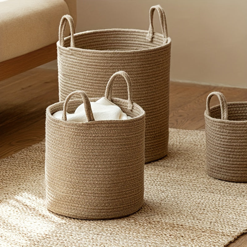 3pcs Rectangle Jute Laundry Basket, Boho Woven, Fabric, with Handle, for Bathroom, Living Room Storage of Dirty Clothes, Toys and Blankets, Laundry Baskets