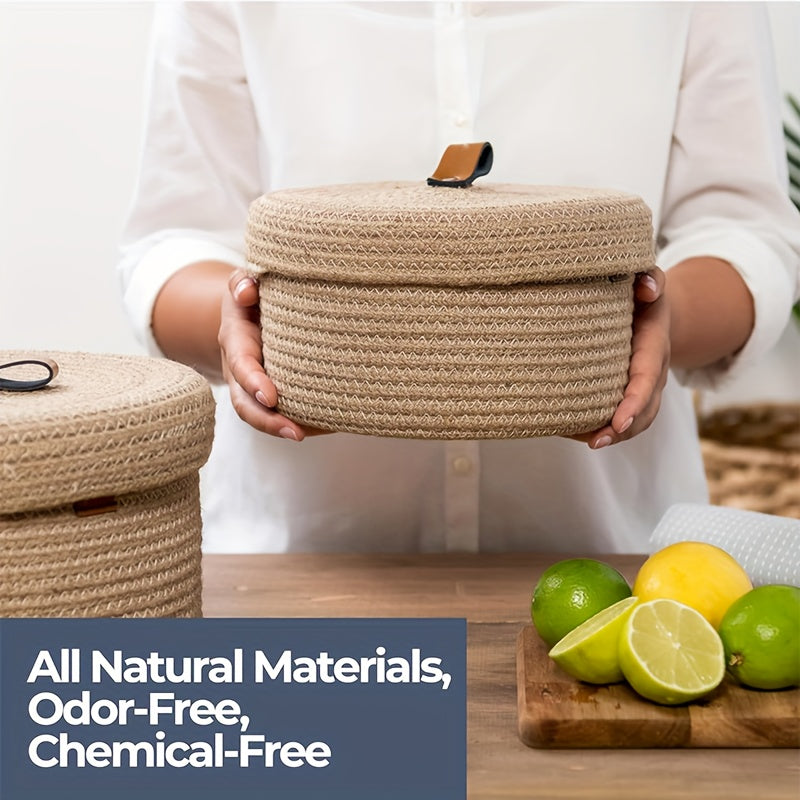 Leather Handle Decorative Organizer Bins Contemporary Polyester Woven Storage Basket Set with Lids, Leather Handle Design, Lidded Decorative Organizer Bins, 2-Piece Set for Home Organization