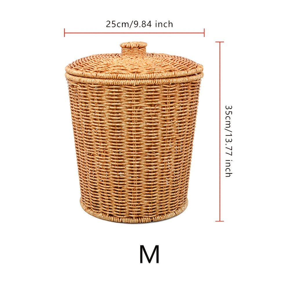 Creative bucket type covered storage basket, office and household garbage bin, hand woven, large capacity, Shelf Baskets