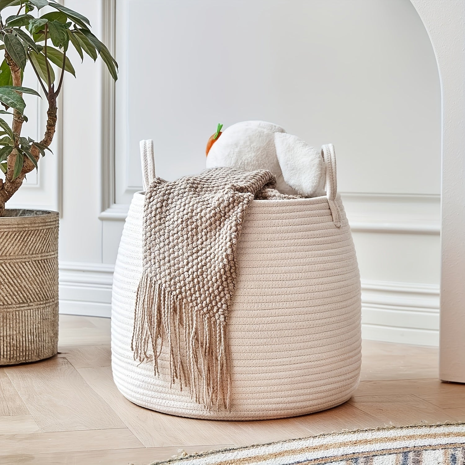 Bohemian Storage Basket Inwagui Bohemian Oval Storage Basket | White & Grey Polyester Hamper with Sturdy Handles for Towels, Clothes, Laundry | Decorative Organizer for Bathroom, Bedroom, Living Room Home Decor