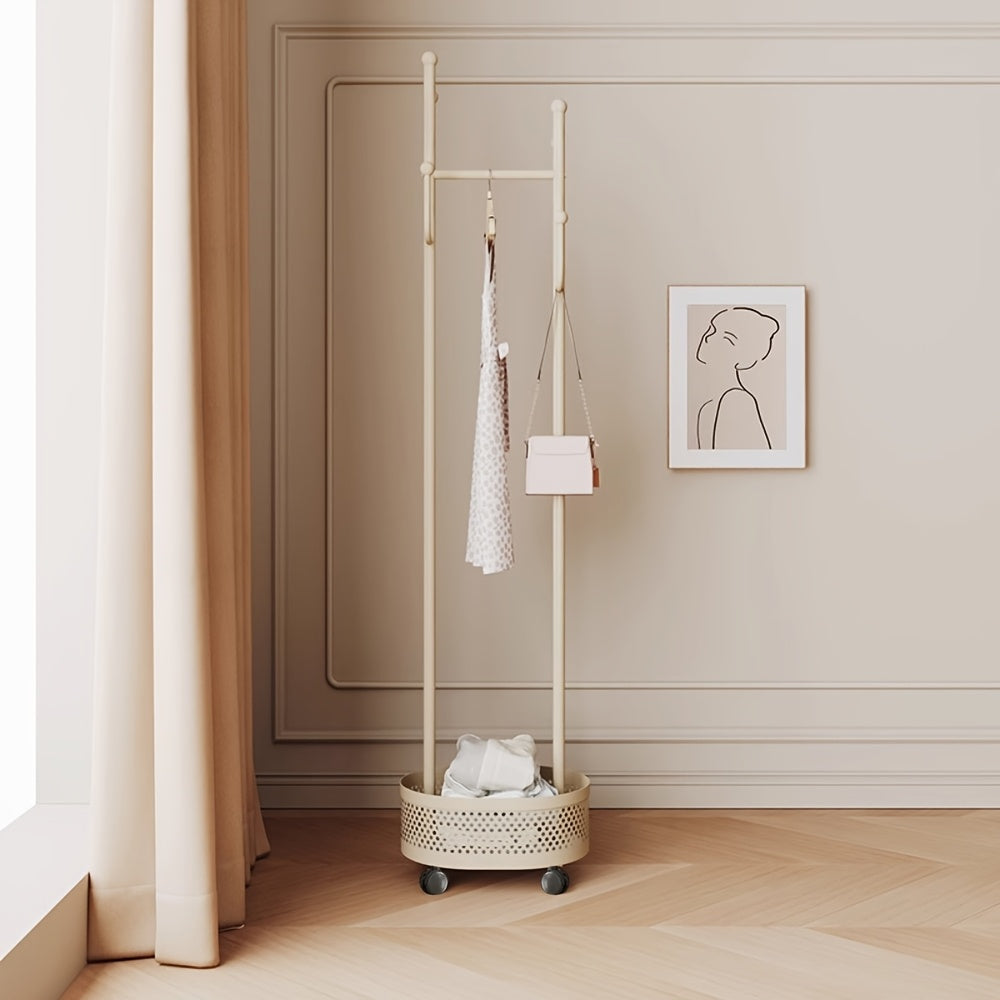 A Floor-Standing Clothes Rack for The Bedroom, a Dirty Laundry Basket, a Cream-Colored Minimalist Hanger, And a Trendy Indoor Coat Rack.