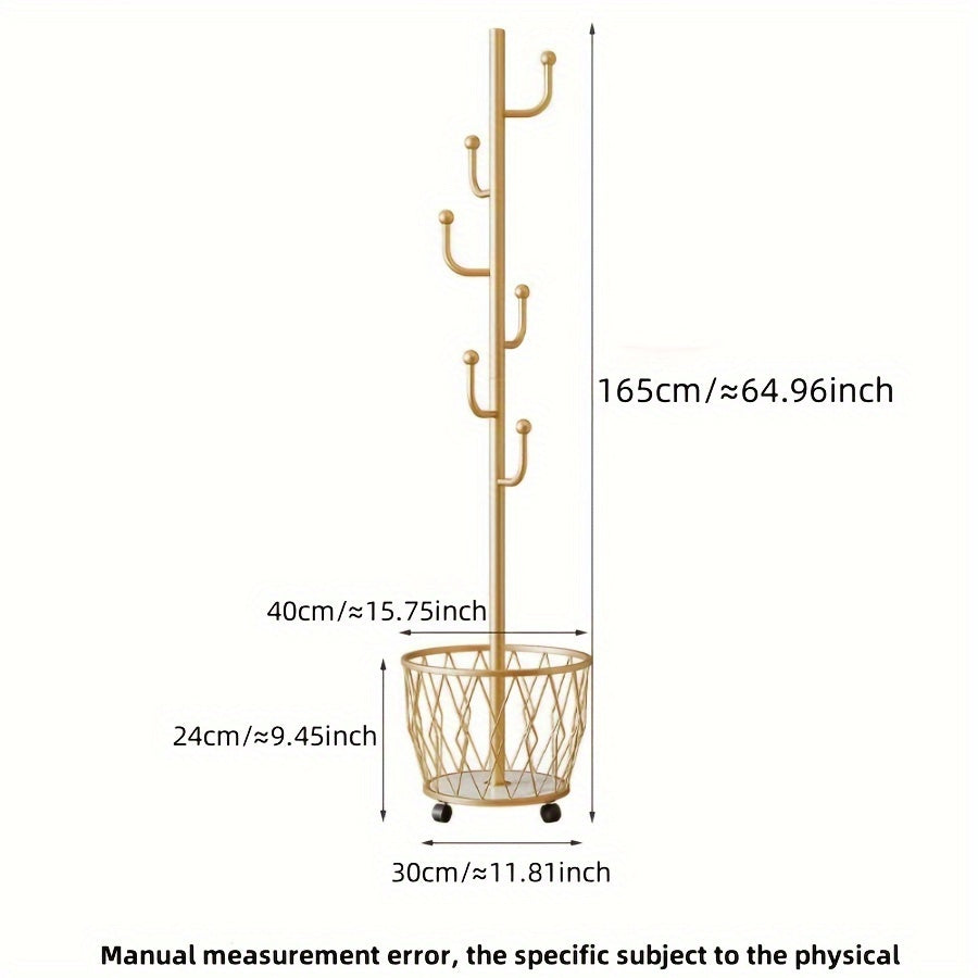 Golden Clothing Rack Space-Saving Golden Single-Pole Clothing Rack with Basket | Sturdy Iron Construction, Easy Assembly, Modern Home Decor, Contemporary Furniture, Elegant Finish, Laundry Room Decor